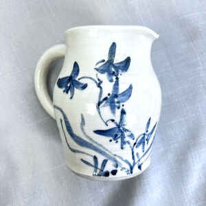 Pottery Pitcher Signed Hughes Blue Floral 5" Handmade Art Gift Cottage Home
